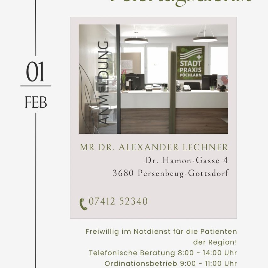 Ein Poster zeigt die Kontaktdaten einer Klinik. Es enthält Datum, ein Bild eines Büros, den Namen des Arztes, Adresse, Telefonnummer und Verfügbarkeit.