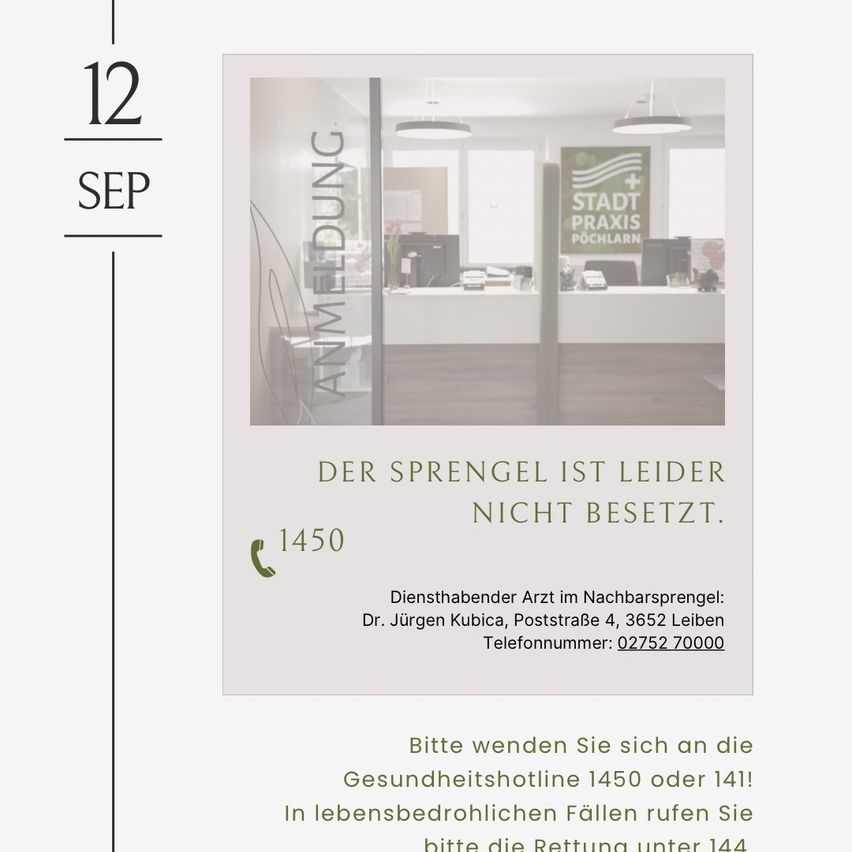 An advertisement for a medical practice in Germany. It shows an empty office with a sign that reads 'Der Sprengel ist leider nicht besetzt.' The phone number and address are also displayed.