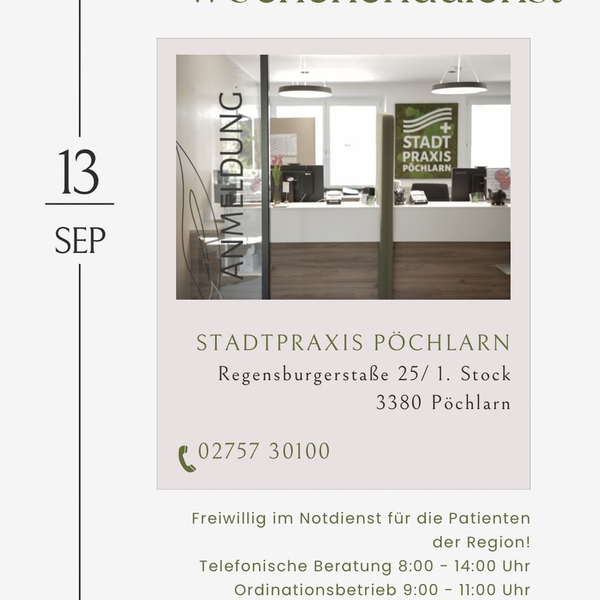 A poster for Stadtpraxis Pöchlarn, a medical practice in Pöchlarn, Austria. It shows an office interior with a desk, flowers, and a green sign. The phone number and address are also displayed.