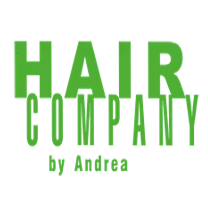 Das Bild zeigt das Logo für Hair Company, entworfen von Andrea. Das Logo besteht aus fettem, grünem Text mit einer modernen und schlanken Schrift. Das Wort 'Hair' ist prominent dargestellt, gefolgt von 'Company' in einer kleineren Größe. Darunter steht 'by Andrea'.