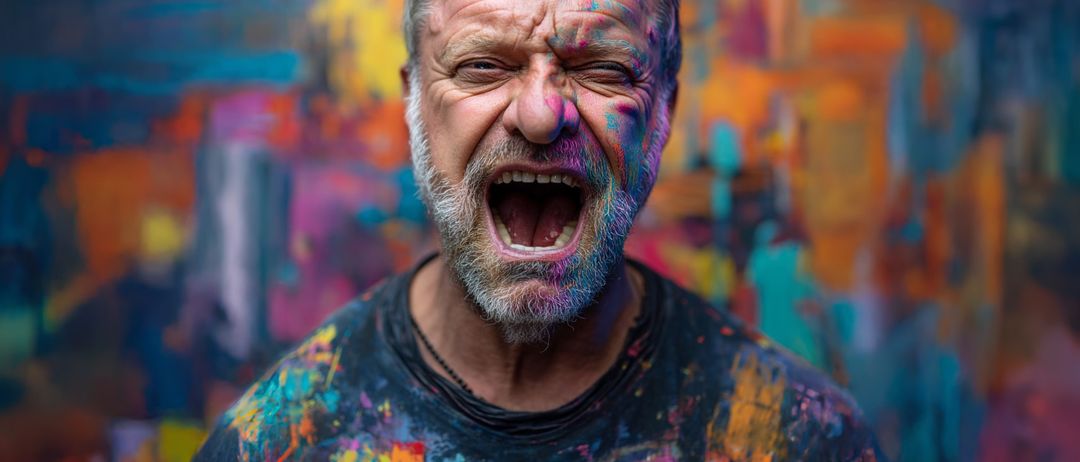 Ein Mann mit weißem Bart und Schnurrbart schreit vor einem farbenfrohen Hintergrund. Er ist mit Farbe bedeckt, mit pinken, blauen und lilafarbenen Flecken auf seinem Gesicht und Shirt.