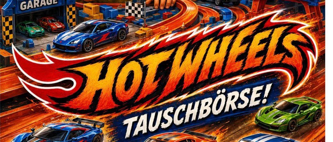 Plakat für ein Hot Wheels Event mit einem Vater und Sohn, die mit Spielzeugautos spielen, für den 14. Juni 2026. Mit einer Rennstrecke, Autos und einem Hubschrauber.