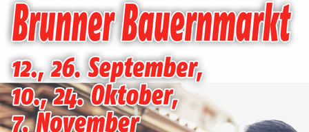 Eine Anzeige für Bruno Bauermarkt zeigt ein lächelndes Paar, wobei die Frau einen Korb hält und den Zeitplan und Standort des Marktes bewirbt.