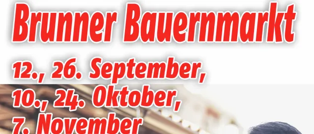 Eine Anzeige für Bruno Bauermarkt zeigt ein lächelndes Paar, wobei die Frau einen Korb hält und den Zeitplan und Standort des Marktes bewirbt.
