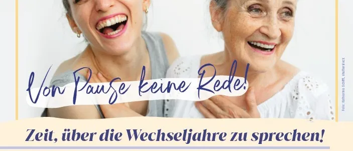 Plakat für eine Veranstaltung über Wechseljahre mit zwei lächelnden Frauen und einer Sprecherin, mit Angaben zu Datum, Uhrzeit und Ort.