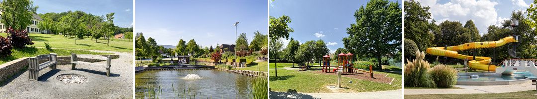Vier Bilder eines Parks: eines mit einem Brunnen, eines mit einem Spielplatz, eines mit einer Rasenfläche und eines mit einer Brücke und einem Gebäude.