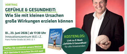 Poster for a health event with a smiling man, a book, and the title 'Resilient Weiz'. The man is holding a brain and a speech bubble says 'Feelings & Health'. The date and time of the event is displayed.