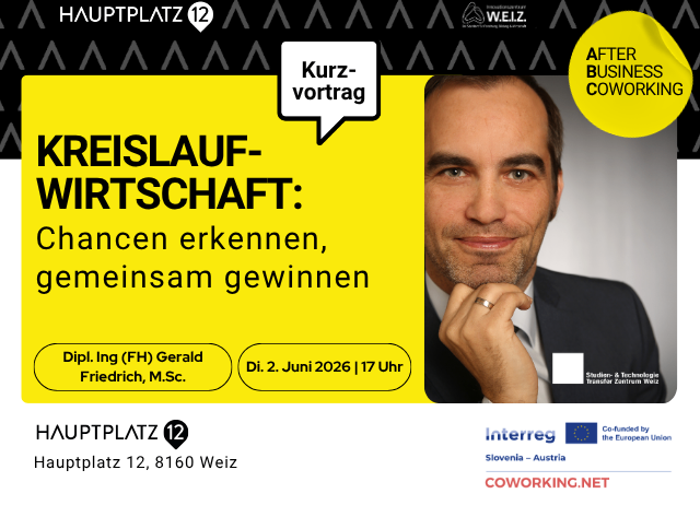 Werbung für einen Vortrag über Kreislaufwirtschaft mit Gerald Friedrich. 2. Juni 2026 um 17 Uhr bei HAUPTPLATZ.