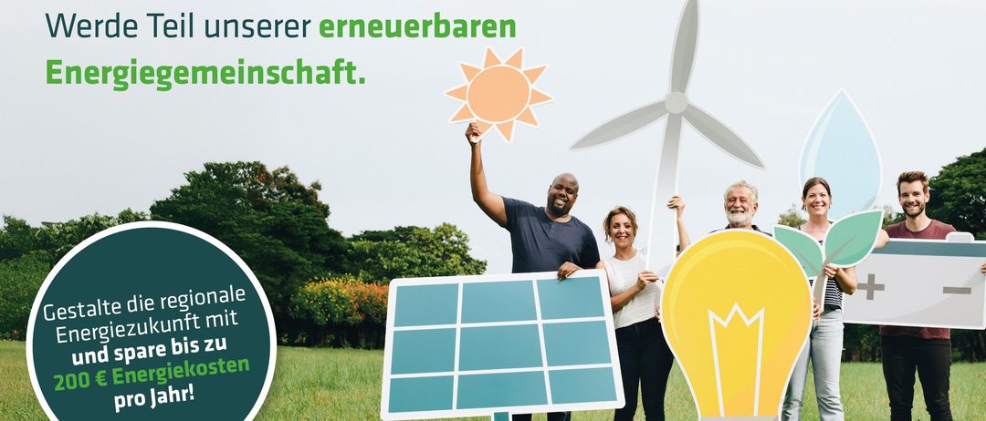 Ein Werbeplakat für EnErGie Werk Weiz, das eine Gruppe von Menschen mit Solarmodulen, Windrädern und einer Glühbirne zeigt. Das Bild betont die Vorteile erneuerbarer Energien.
