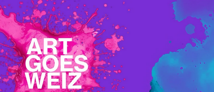 Das Bild zeigt einen lebhaften Farbklecks aus Pink und Lila. Die Worte 'ART GOES WEIZ' sind in weißer Schrift auf diesem farbenfrohen Hintergrund zu sehen.