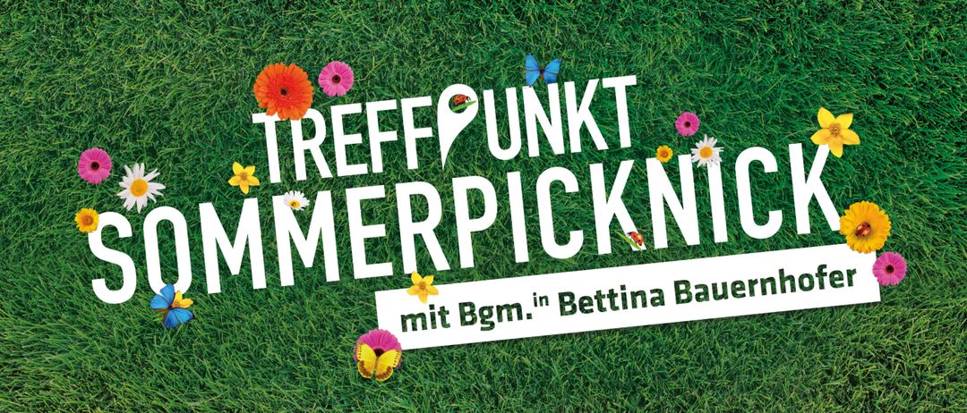 Grüner Rasen mit Blumen und Schmetterlingen, und ein weißes Schild mit 'Treffpunkt Sommerpicknick' und 'mit Bgm. in Bettina Bauernh'.