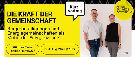 Ein Mann in einem weißen Hemd und einer Brille steht vor einem gelben Hintergrund mit dem Text 'Kurz-vortrag'. Der Text 'Kraft der Landschaft' ist in Schwarz geschrieben. Das Datum und die Uhrzeit der Veranstaltung sind als 'Di. 4. Aug. 2026 | 17 Uhr' angegeben. Der Ort ist '3160 Weiz'.