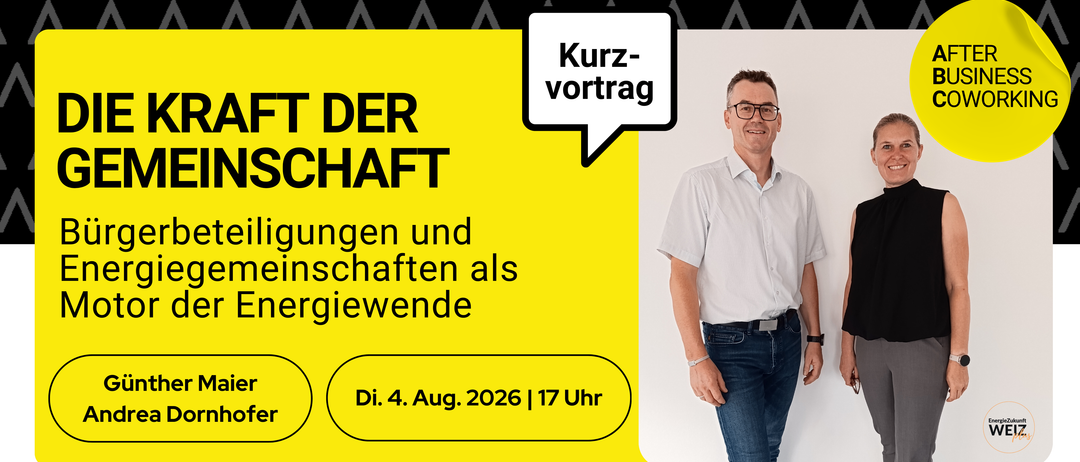 Ein Mann in einem weißen Hemd und einer Brille steht vor einem gelben Hintergrund mit dem Text 'Kurz-vortrag'. Der Text 'Kraft der Landschaft' ist in Schwarz geschrieben. Das Datum und die Uhrzeit der Veranstaltung sind als 'Di. 4. Aug. 2026 | 17 Uhr' angegeben. Der Ort ist '3160 Weiz'.