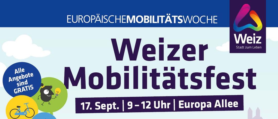 Plakat für das Weizer Mobilitätsfest, mit gezeichneten Figuren auf einem Fahrrad und beim Laufen, mit Luftballons und einem QR-Code für das Programm. Datum: 17. September, Zeit: 9-12 Uhr, Ort: Europa Allee.