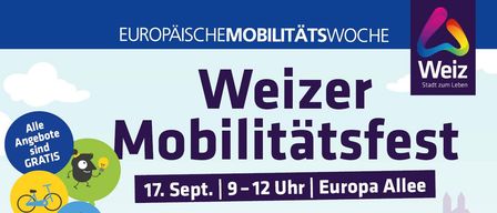 Plakat für das Weizer Mobilitätsfest, mit gezeichneten Figuren auf einem Fahrrad und beim Laufen, mit Luftballons und einem QR-Code für das Programm. Datum: 17. September, Zeit: 9-12 Uhr, Ort: Europa Allee.