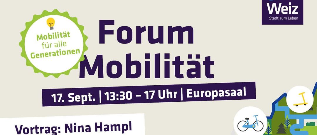 Plakat für das Forum der Europäischen Mobilitätswoche mit einem Fahrrad, einem Bus und einer Berglandschaft. Die Veranstaltung findet am 17. September von 13:30 bis 17:00 Uhr im Europasaal statt. Die Rednerin ist Nina Hampl, und das Thema lautet 'Mobilität für alle Generationen'.