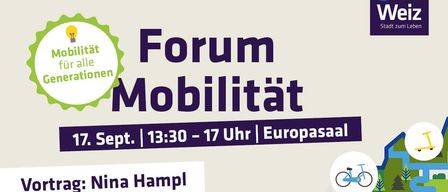 Plakat für das Forum der Europäischen Mobilitätswoche mit einem Fahrrad, einem Bus und einer Berglandschaft. Die Veranstaltung findet am 17. September von 13:30 bis 17:00 Uhr im Europasaal statt. Die Rednerin ist Nina Hampl, und das Thema lautet 'Mobilität für alle Generationen'.