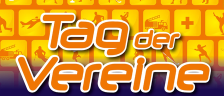 Ein Bild mit einem leuchtend orangefarbenen Hintergrund, das verschiedene Sportsymbole wie Hockey, Tennis und Golf zeigt. Das Wort 'Tag' ist prominent in Weiß dargestellt, darunter steht 'Verein' in Orange.