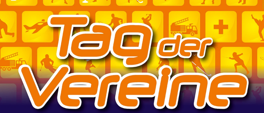 Ein Bild mit einem leuchtend orangefarbenen Hintergrund, das verschiedene Sportsymbole wie Hockey, Tennis und Golf zeigt. Das Wort 'Tag' ist prominent in Weiß dargestellt, darunter steht 'Verein' in Orange.