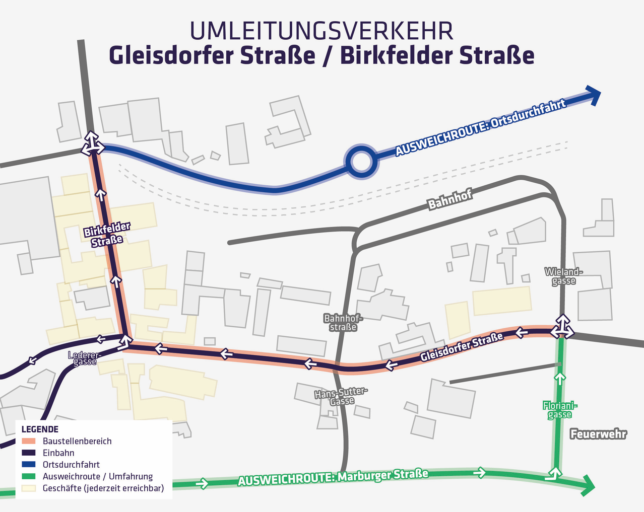 Eine Karte zeigt die Route des Umleitungsverkehrs auf der Gleisdorfer Straße / Birkfelder Straße. Pfeile zeigen die Fahrtrichtung an, und verschiedene Routen sind hervorgehoben.