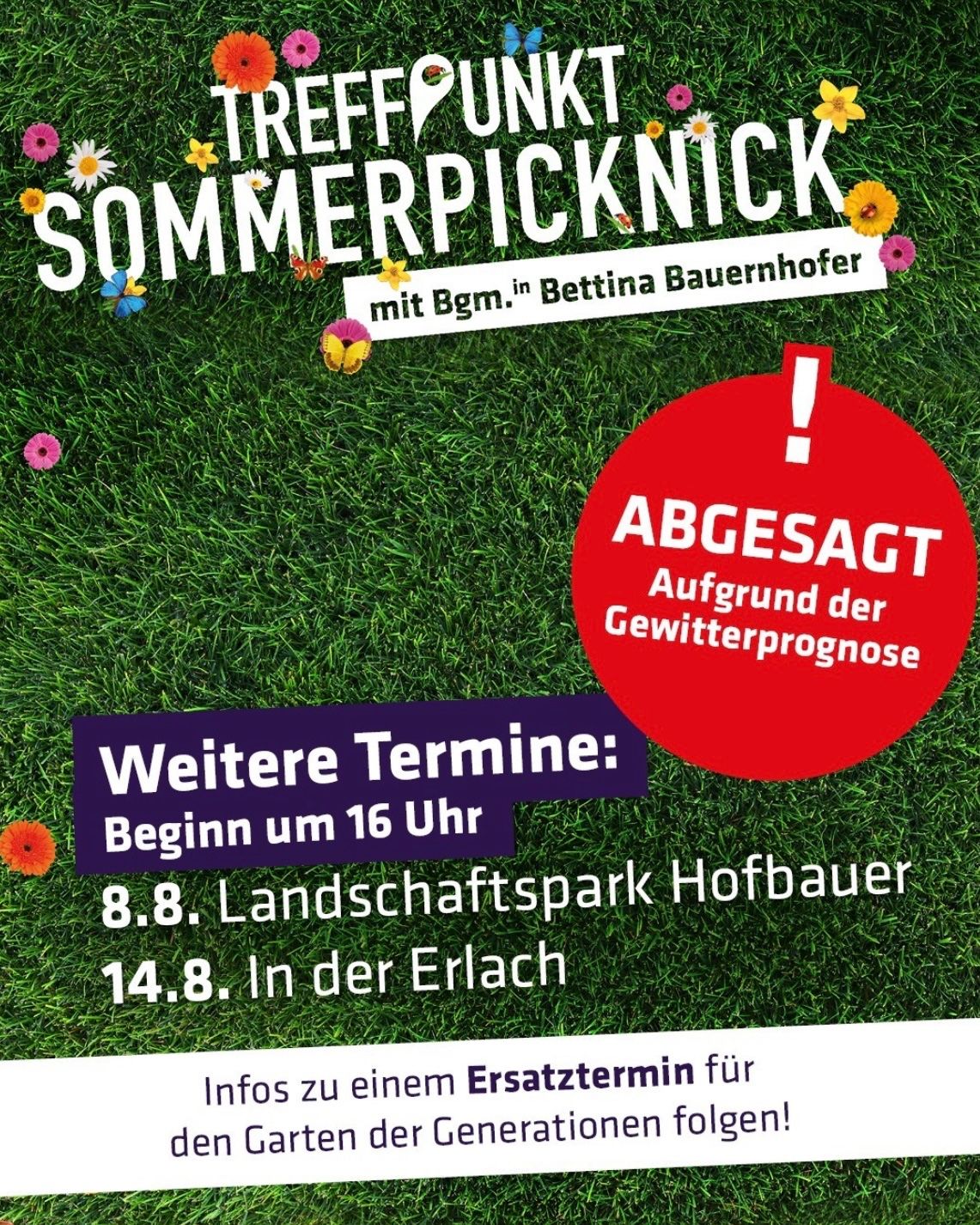 Plakat für ein Sommerpicknick-Event von Bettina Bauernhofer, abgesagt aufgrund des Wetters. Neue Termine: 8. August im Landschaftspark Hofbauer und 14. August in Erlach.