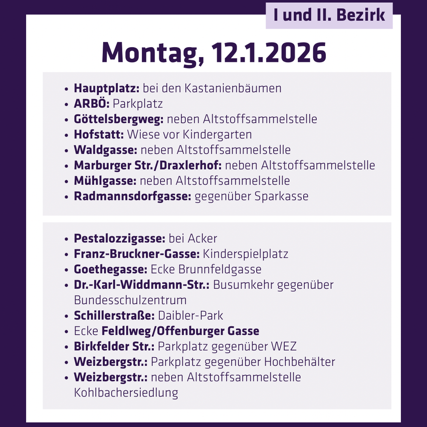 Das Bild listet Sammelstellen für verschiedene Abfallarten in einem Wohngebiet für Montag, den 12. Januar 2026 auf. Wichtige Standorte sind Kastanienbäumen, Göttelsberger Weg und Schillerstraße. Andere erwähnte Bereiche sind Dr.-Karl-Wiedmann-Straße, Goethegasse und Weizbergstraße.