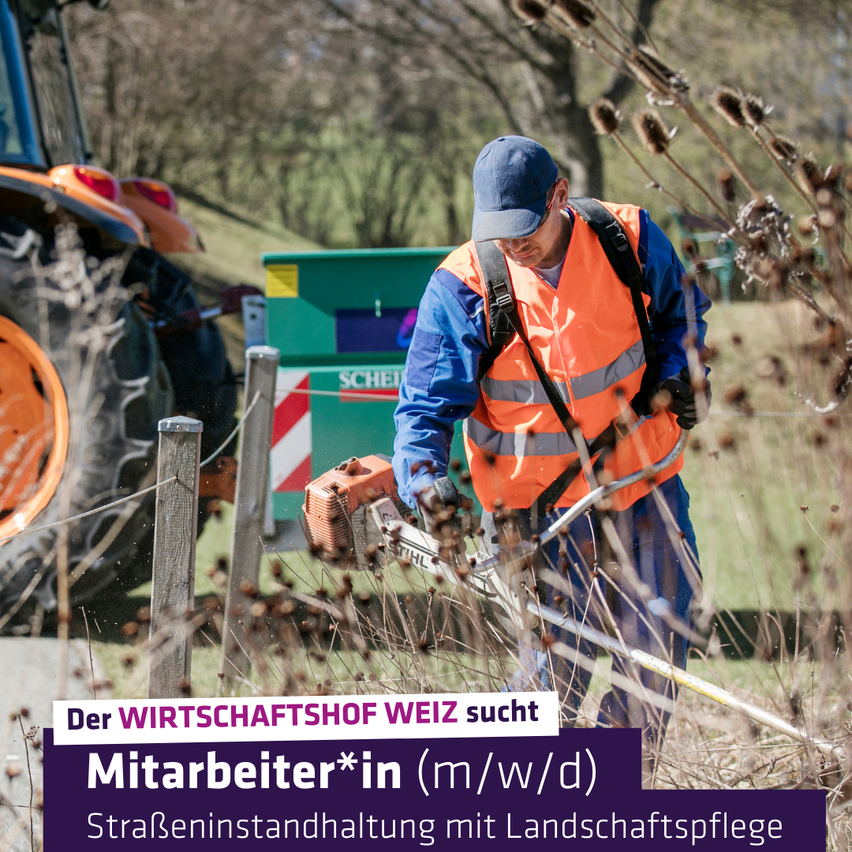 Ein Mann in einem orangefarbenen Vest und blauer Kappe arbeitet mit einer Kettensäge und schneidet hohes Gras in der Nähe eines Traktors. Der Traktor ist grün mit roten Lichtern. Der Text lautet 'Der WIRTSCHAFTSHOF WEIZ sucht Mitarbeiter*in (m/w/d) StraBeninstandhaltung mit Landschaftspflege.'