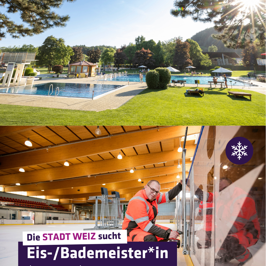 Ein Schwimmbad mit Schwimmenden und anderen, die sich auf dem Rasen entspannen. Unten ein Eisstadion mit einer Person, die eine Glastür repariert.