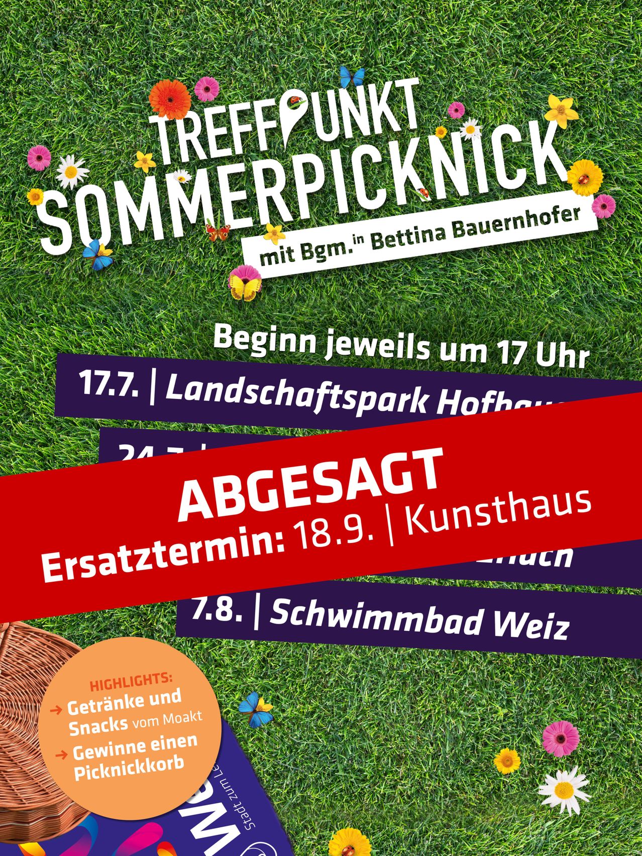 Plakat für eine Sommerveranstaltung mit einem blumigen Hintergrund und Schmetterlingen. Es enthält Details über die Startzeit, den Ort und Highlights wie Getränke und Snacks.