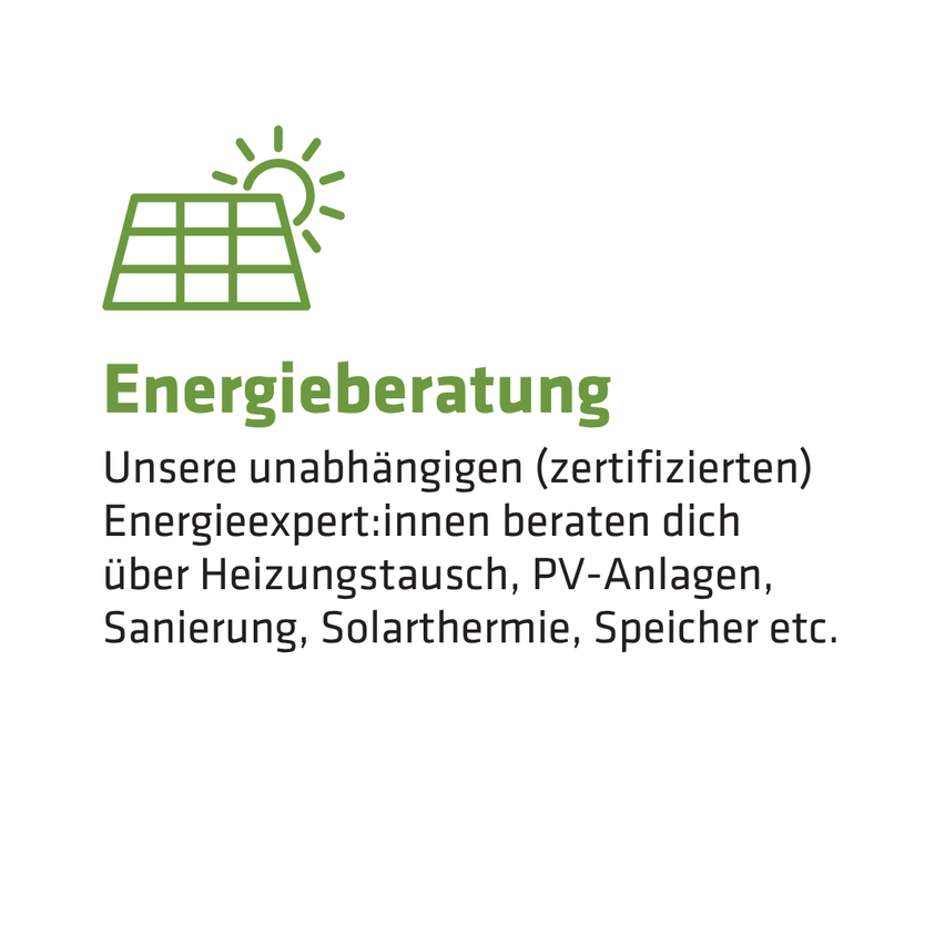 Ein Infografik über Energieberatungsdienste, mit einem Solarpanel-Symbol und Text auf Deutsch.