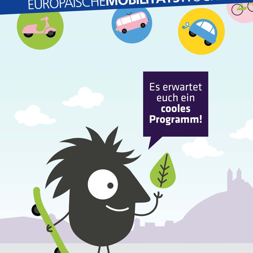 Eine Illustration eines Charakters, der ein Blatt hält, mit einer Sprechblase, die 'Es erwartet euch ein cooles Programm!' sagt, und verschiedenen Transportsymbolen darüber.