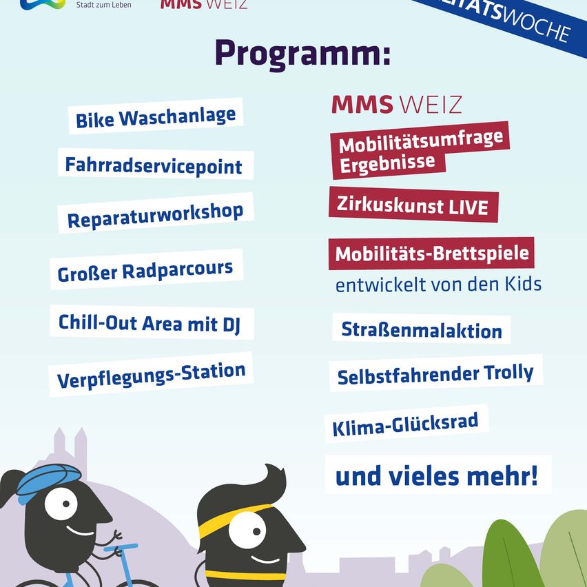 Ein Veranstaltungsposter für MMS Weiz mit verschiedenen Aktivitäten wie Fahrradwäsche, Mobilitätsumfrage und Zirkuskunst live. Das Poster enthält eine Liste der Aktivitäten und ein Bild von zwei Radfahrern.
