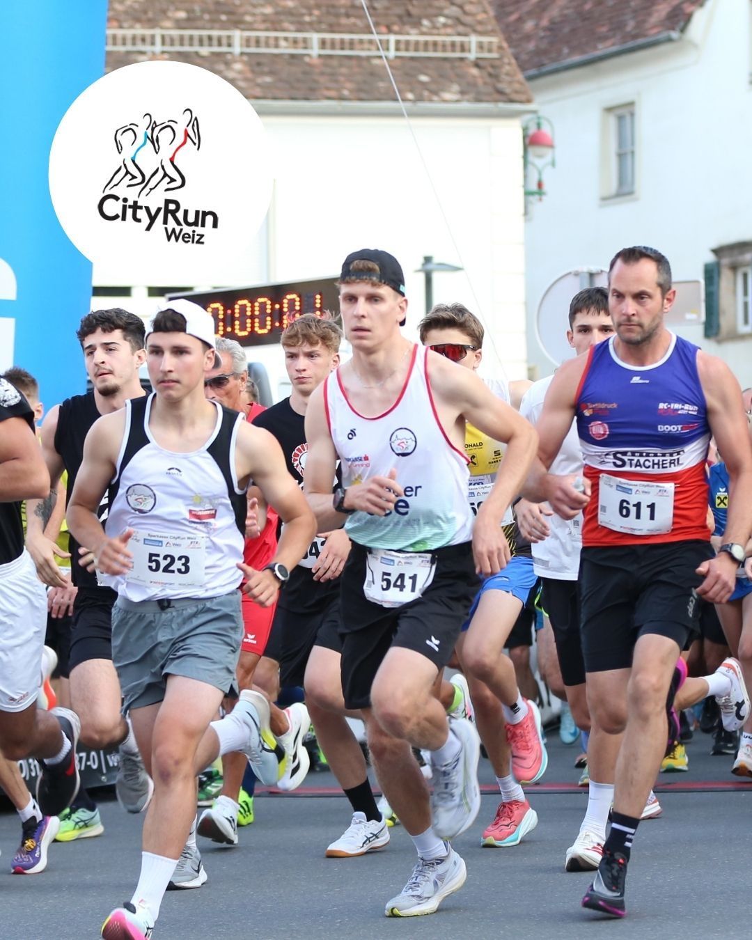 Runners participate in a marathon, with a banner reading 'CityRun Weiz' above. Runners wear numbered bibs and sneakers. A digital clock shows the time.