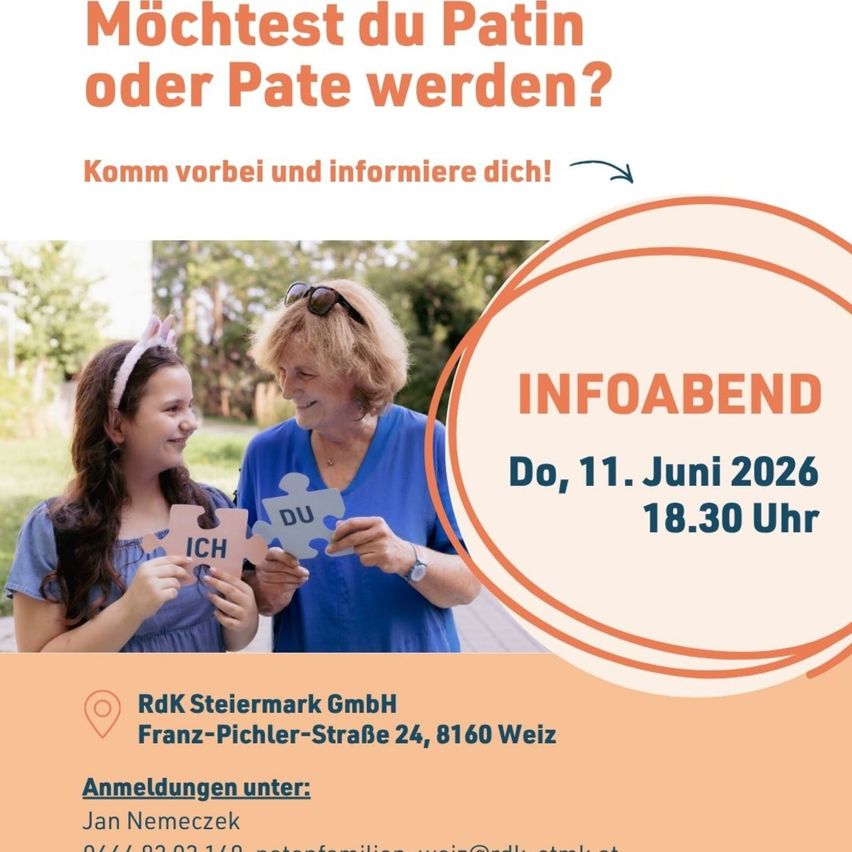 Ein Flyer mit zwei Frauen. Eine Frau hält ein Puzzleteil mit 'DU' und die andere mit 'ICH'. Der Text lautet 'Do, 11. Juni 2026 18:30 Uhr'. Ort: RdK Steiermark GmbH, Franz-Pichler-Straße 24, 8160 Weiz. Kontakt: Jan Nemeczek, 044/63 92 146, info@rdk.steiermark.at.