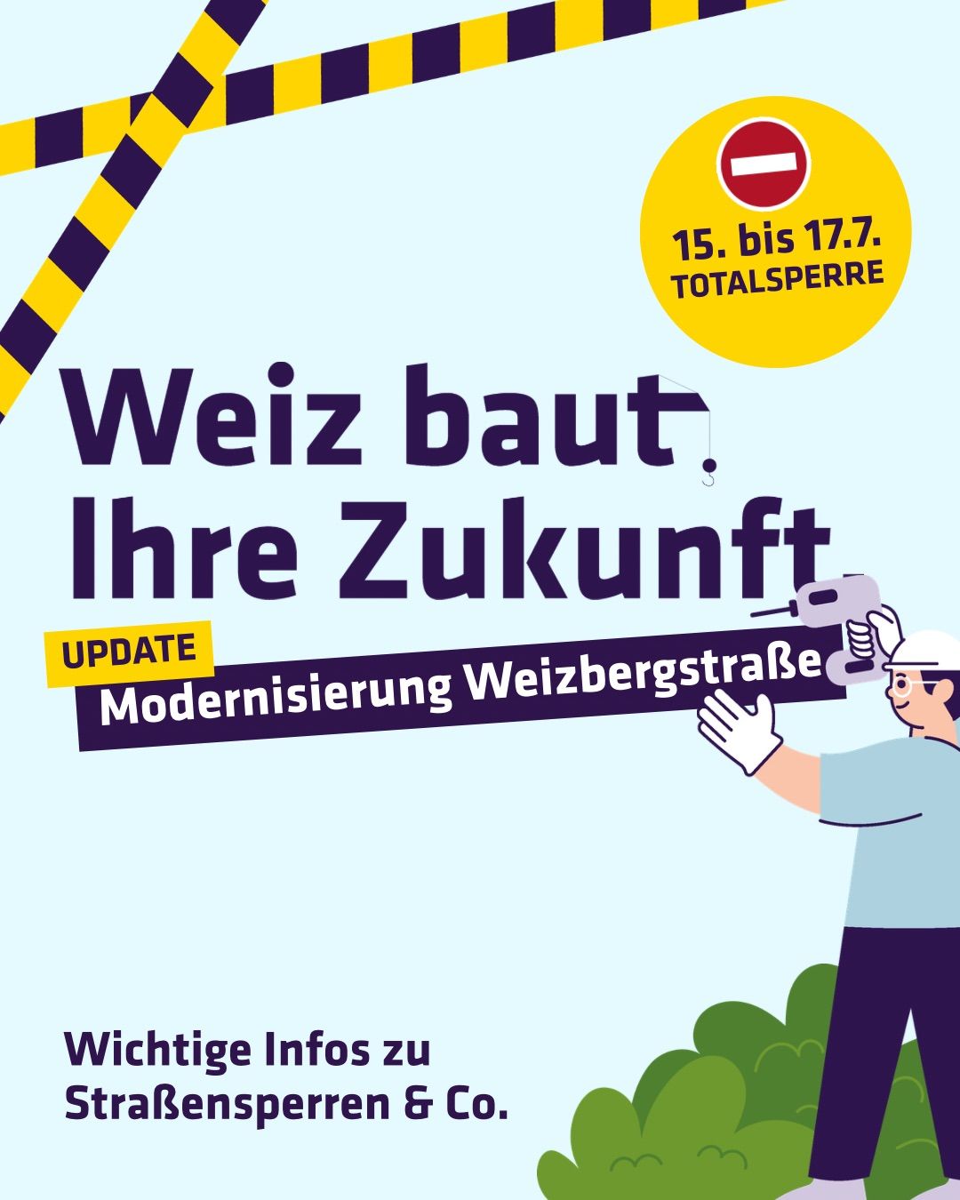 An advertisement for the modernization of Weizbergstrasse, featuring a construction worker with a drill, a total road closure sign, and the dates 15th to 17th.