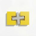 Ein quadratisches gelbes Objekt mit einem weißen Kreuz in der Mitte steht auf einer weißen Oberfläche. Das Quadrat und das Kreuz bestehen aus einem glänzenden Material.