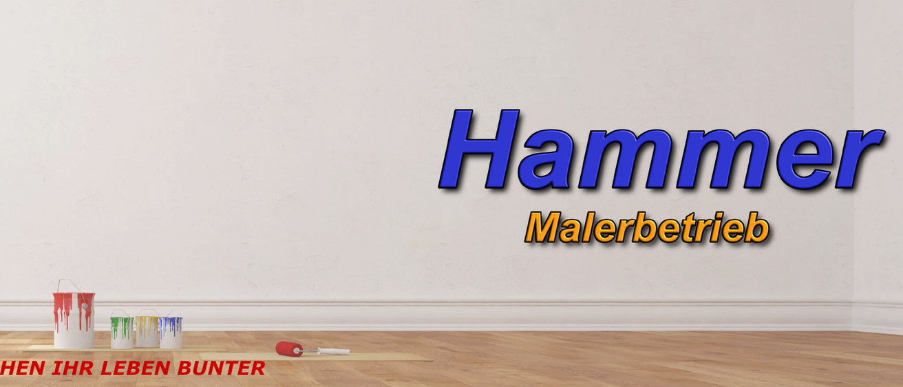 Eine leere weiße Wand mit mehreren Farbdosen und einem Farbroller auf dem Boden. Der Text lautet 'Machen Sie Ihr Leben bunter'.