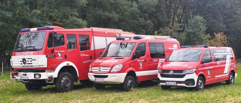 Drei rote Notfallfahrzeuge sind in einem Grasbereich mit Bäumen im Hintergrund geparkt.