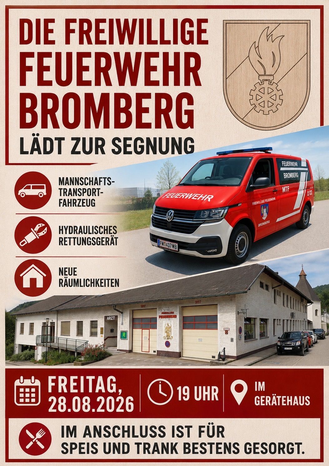 A promotional poster for the Bromberg Fire Department featuring a red fire truck, a building, and various icons indicating services such as personnel transport, hydraulic rescue equipment, and new facilities. The poster includes the date and time of an event.