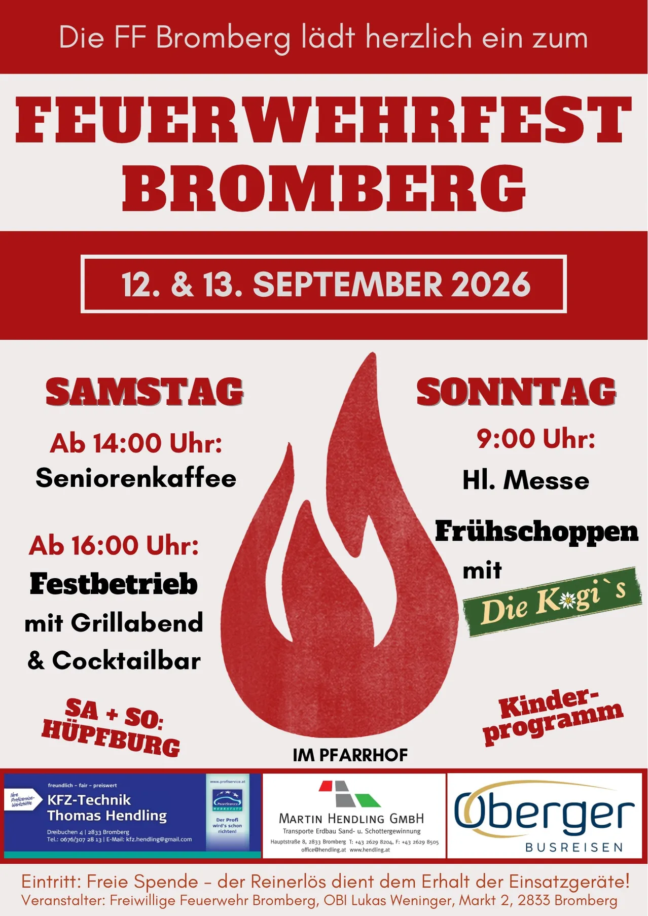 Plakat für die Bromberg-Veranstaltung am 12. und 13. September 2026. Samstag bietet Seniorenkaffee ab 14 Uhr und ein Fest mit Grill und Cocktailbar ab 16 Uhr. Sonntag beginnt mit der Heiligen Messe um 9 Uhr und frühem Einkaufen.