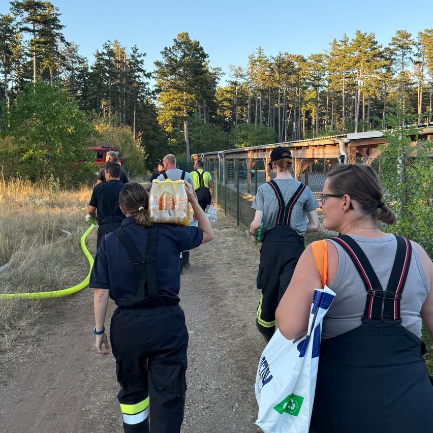 A group of people in uniforms walk on a dirt path, one carrying a yellow container, with a fence and trees in the background.