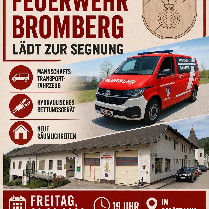 Ein Werbeplakat für die Feuerwehr Bromberg zeigt einen roten Feuerwehrwagen, ein Gebäude und Informationen über neue Einrichtungen und Ausrüstung. Das Plakat enthält ein Logo, Datum und Uhrzeit für eine Veranstaltung.