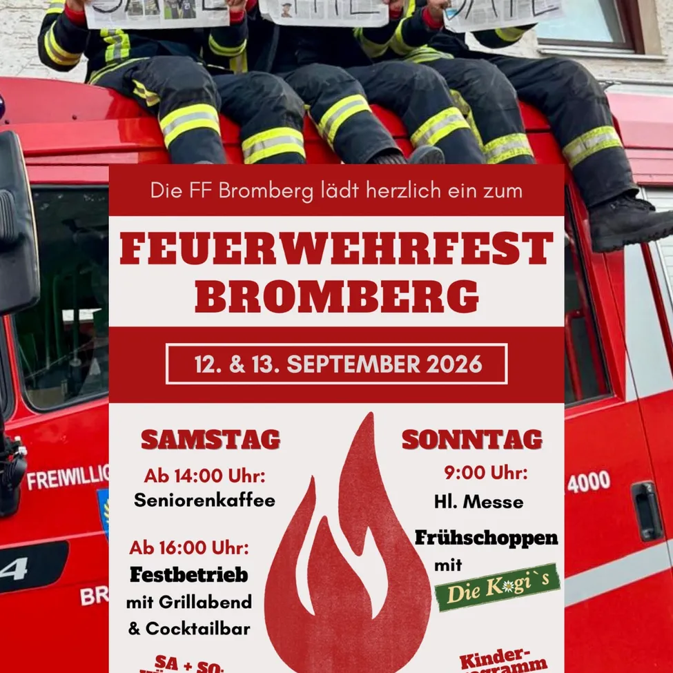 Plakat für das Feuerwehrfest Bromberg am 12. und 13. September 2026. Drei Feuerwehrleute sitzen auf einem Feuerwehrwagen mit Zeitungen. Das Plakat enthält Veranstaltungszeiten und Aktivitäten.