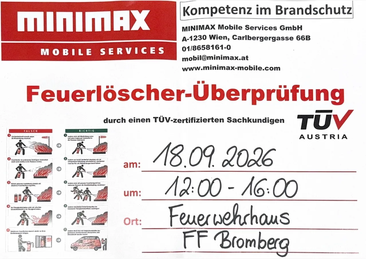 Ein Flyer für MINIMAX Mobile Services GmbH, der eine Feuerlöscher-Überprüfung durch einen zertifizierten Experten am 18.09.2026 von 12:00 bis 16:00 Uhr im Feuerwehrhaus in FF Bromberg ankündigt.