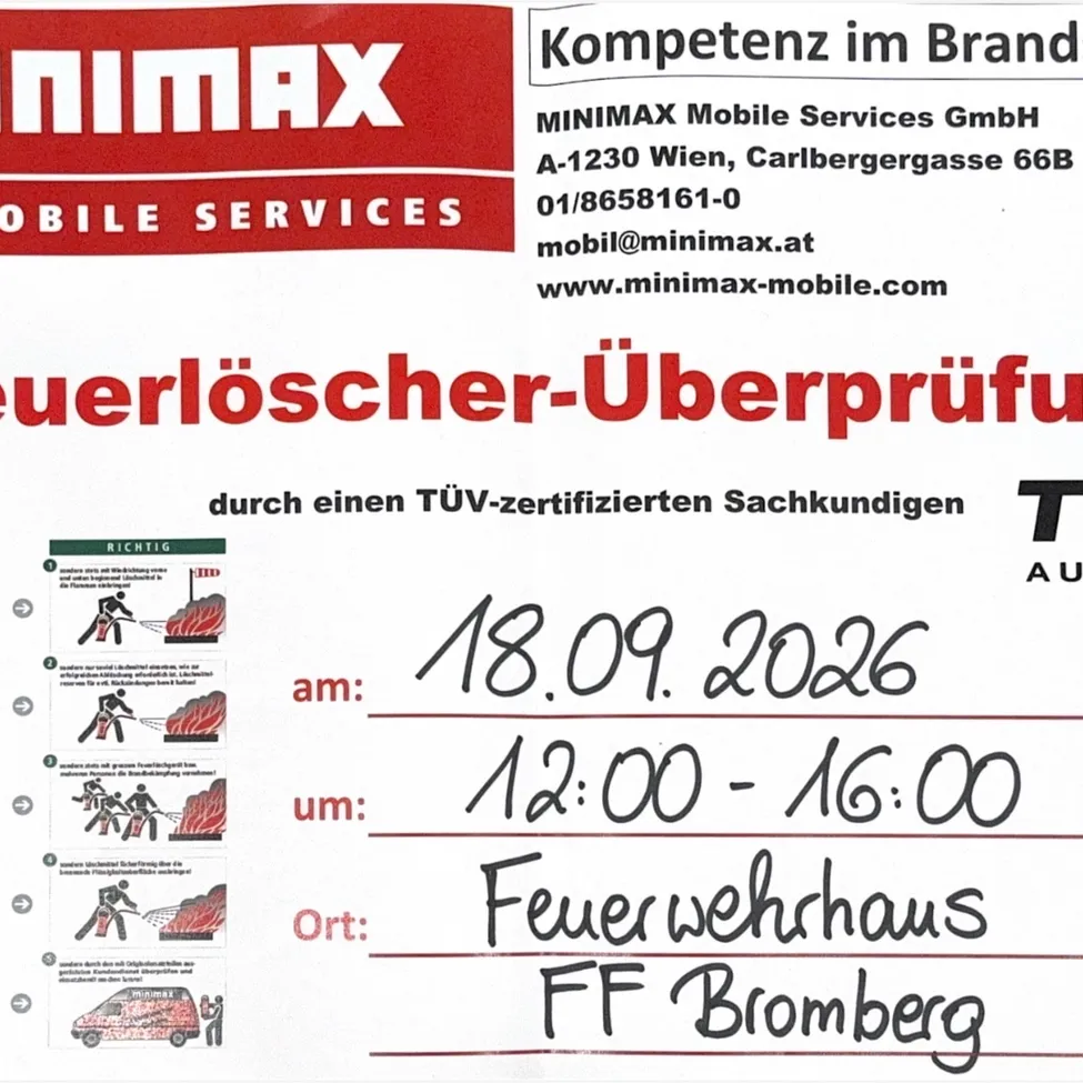 Ein Flyer für MINIMAX Mobile Services GmbH, der eine Feuerlöscher-Überprüfung durch einen zertifizierten Experten am 18.09.2026 von 12:00 bis 16:00 Uhr im Feuerwehrhaus in FF Bromberg ankündigt.
