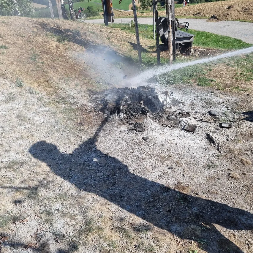 Eine Person benutzt einen Feuerlöscher, um ein Feuer in einem Park zu löschen. Das Feuer ist von Erde und Asche umgeben.
