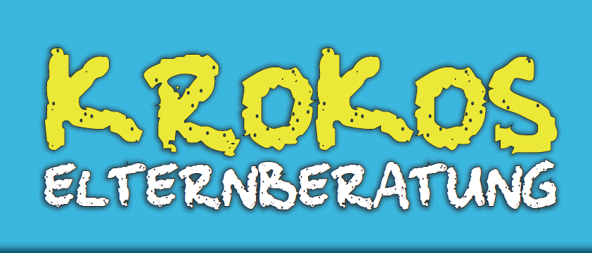 Ein Bild zeigt einen Cartoon-Dinosaurier mit einem gelben und grünen Farbschema, der seinen Mund weit öffnet. Unter dem Dinosaurier steht der Text 'K R O K E L T E R N B E R A T' in einer fetten, verspielten Schrift.