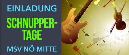 Ein Bild einer Gitarre mit grünem Hintergrund, das die Wörter 'ADUNG' und 'UPPER-AGE' in großen blauen Buchstaben sowie verschiedene Musikinstrumente zeigt.