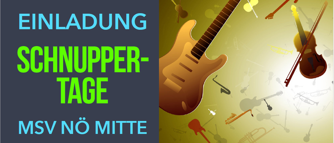 Ein Bild einer Gitarre mit den Texten 'ADUNG' und 'UUPPER-AGE'. Um die Gitarre herum sind Musikinstrumente verstreut, darunter eine Geige, Trompete und Saxophon. Der Hintergrund ist grün.