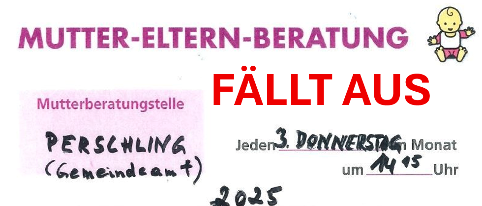 Das Bild zeigt eine Bekanntmachung für 'Elternberatung'. Es wird angegeben, dass die Beratung jeden Donnerstag um 14:15 im Gemeindezentrum stattfindet. Die Bekanntmachung ist auf das Jahr 2025 datiert.